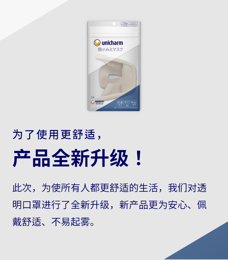 为了使用更舒适，产品全新升级！此次，为使所有人都更舒适的生活，我们对透明口罩进行了全新升级，新产品更为安心、佩戴舒适、不易起雾。